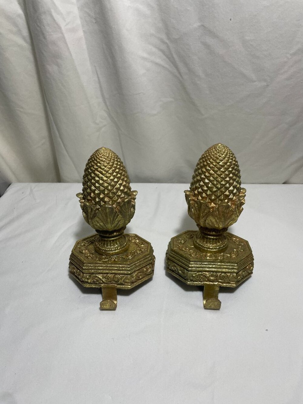 Gold Tone Pinecone Stocking Holders Set of 2 Ornate Mantel Christmas Hooks